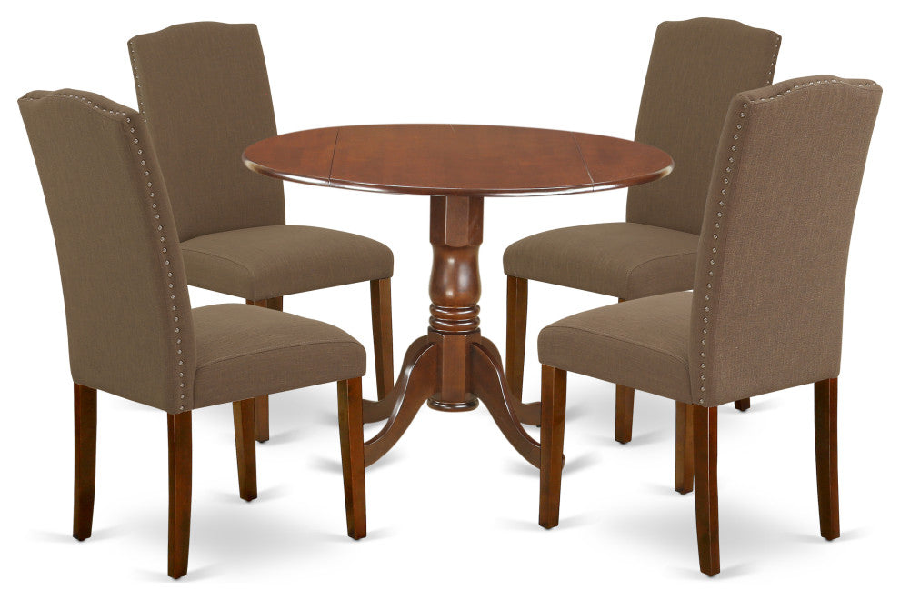 5Pc 42" Kitchen Table, Two 9"Drop Leaves, Four Chair, Mahogany Leg, Dark Coffee