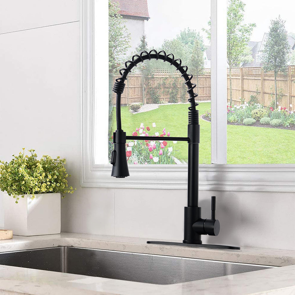 Single Handle Deck Mounted Spring Neck Pull Down Kitchen Faucet with Sprayer, Ma