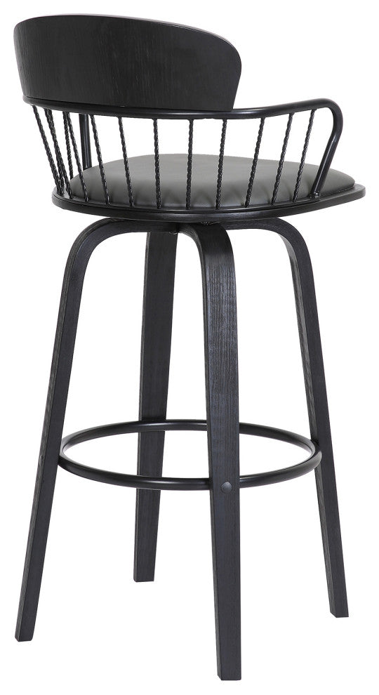 Willow 25.5" Swivel Black Wood Counter Stool Gray Faux Leather with Black Metal, 30