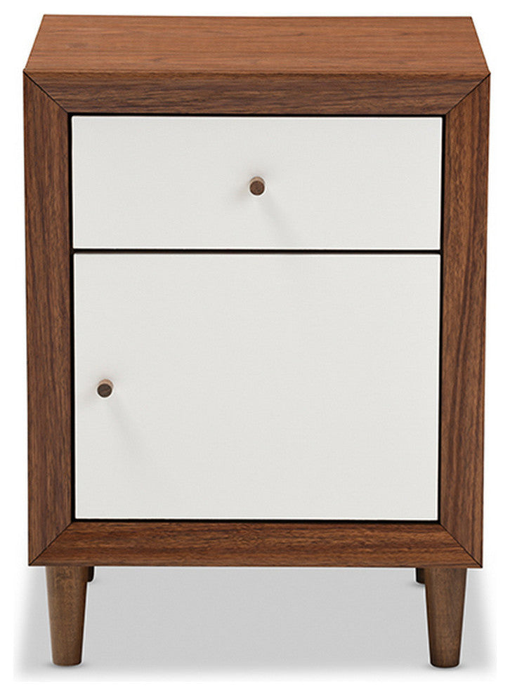 Urban Designs Harlow White and Walnut Wood 1-drawer and 1-door Nightstand