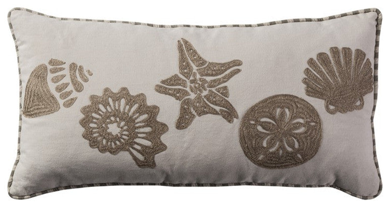 11" X 21" Beige and Khaki Seashells Cotton Throw Pillow with Embroidery