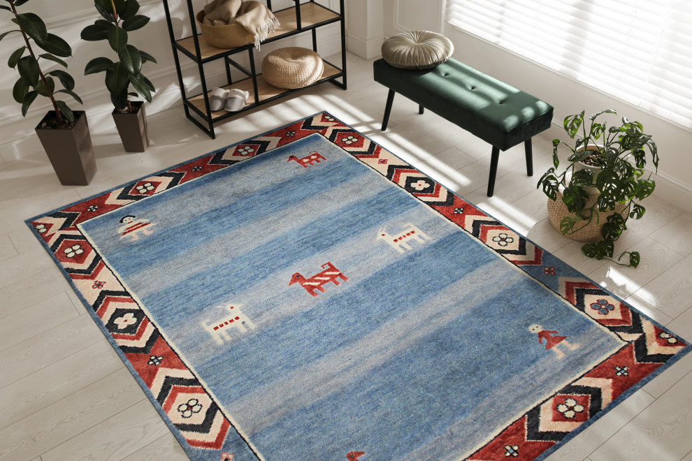Hand-Knotted Wool Blue Traditional Classic Modern Knot Rug, 6'x9'