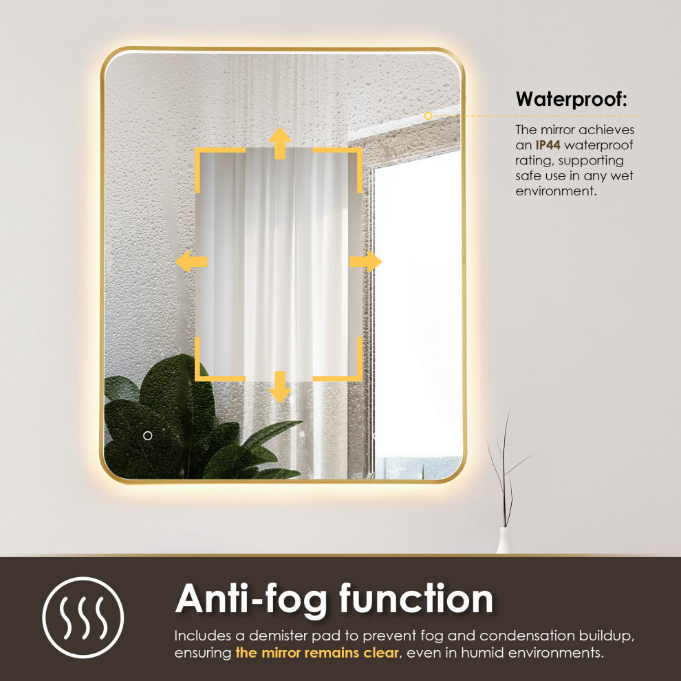 Dazzle Rectangular Bathroom/Vanity LED Lighted Wall Mirror, Brushed Gold, 36"