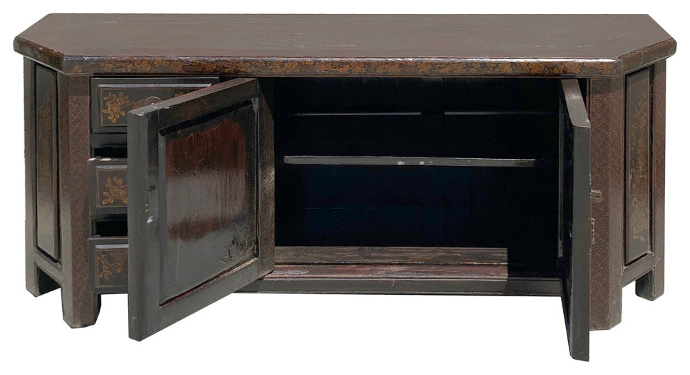 Chinese Distressed Brown Golden Flower Motif TV Console Table Cabinet Hcs6127
