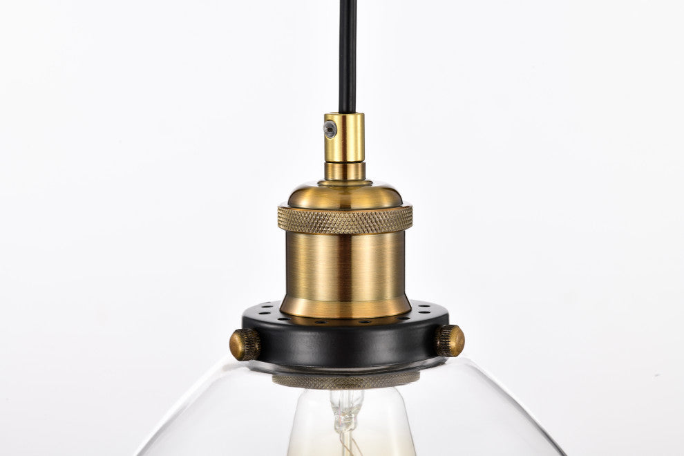 1-Light Black and Antique Brass Mini Pendant Light With Clear Glass Shade