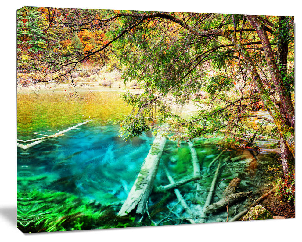 Colorful Lake with Tree Trunks, Landscape Canvas Wall Art, 60"x28"