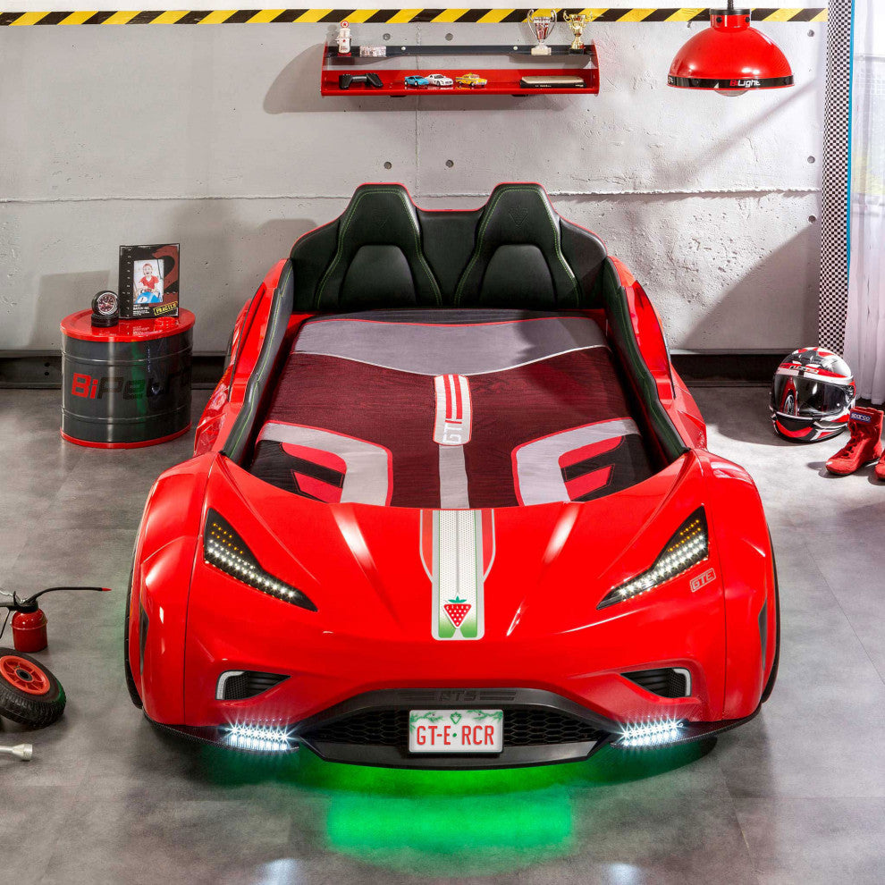 GTS EV Twin-Size Race Car Bed, Remote Control, LED Lights, EV Sound FX, Red