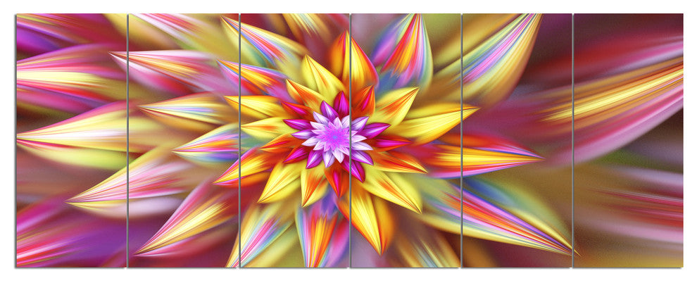 Multi Color Alien Fractal Flower, Floral Canvas Art Print, 70"x28", 6 Panels