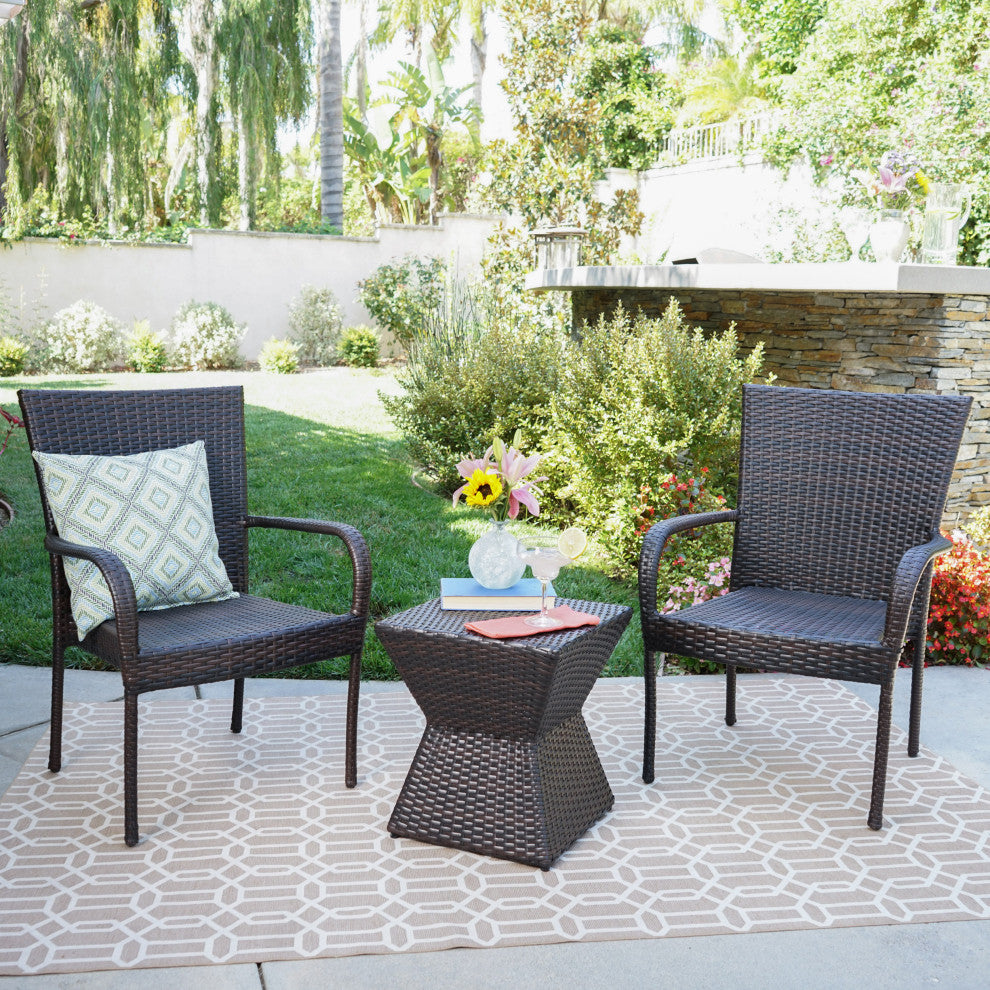 GDF Studio 3-Piece Bakerville Outdoor Multi-Wicker Chat Set With Stacking Chairs