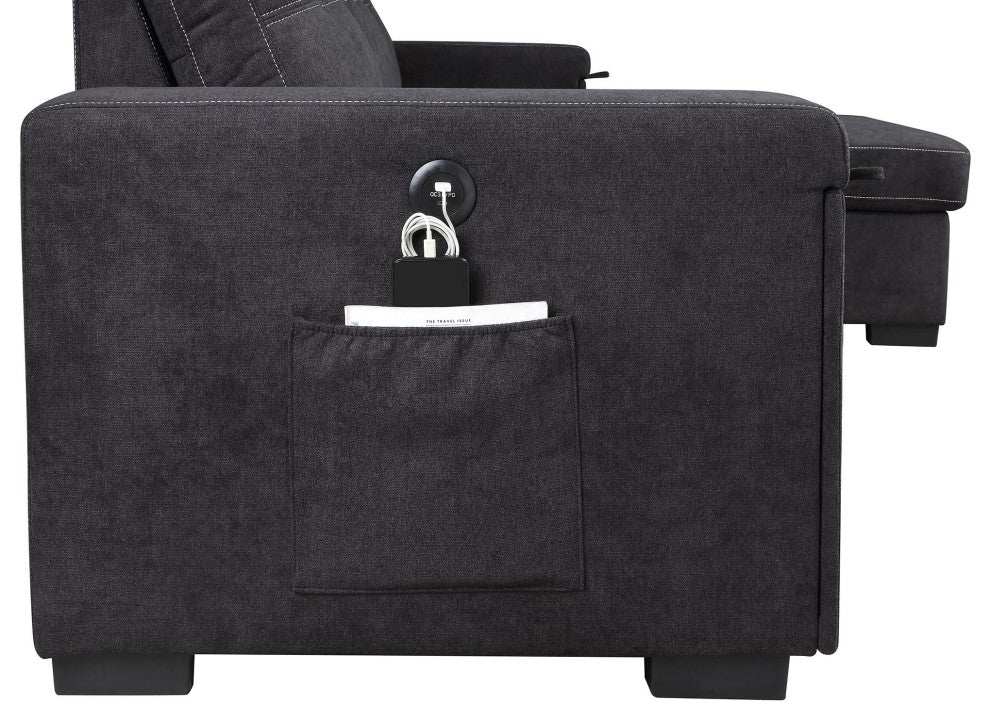 Toby Woven Fabric Reversible Sleeper Sectional, Storage, Cupholder, Black