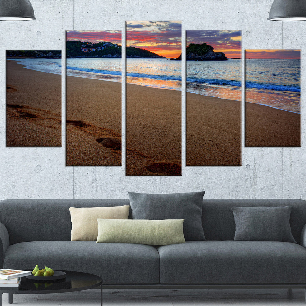 Trodden Sand on Ocean Beach, Seashore Photo Canvas Art Print, 60"x32", 5 Panels