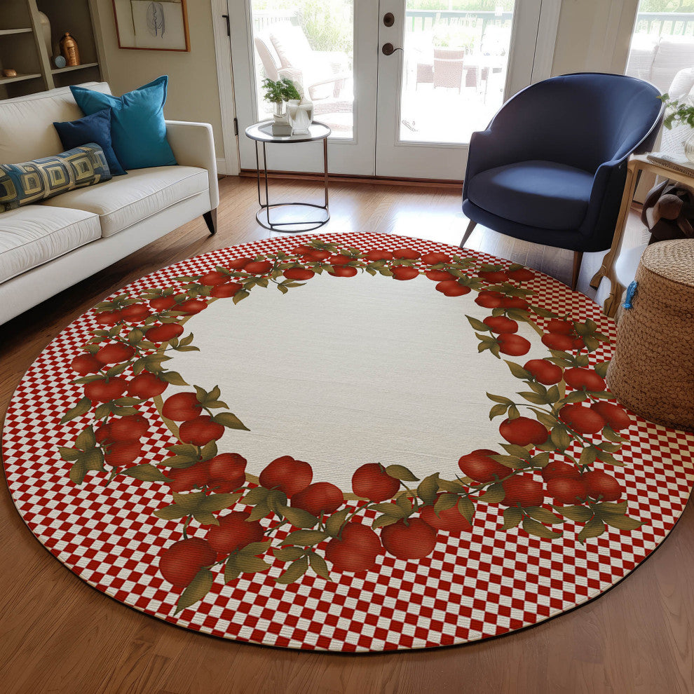 Indoor/Outdoor Kendall KE9 Red Machine Washable 8' x 8' Round Rug