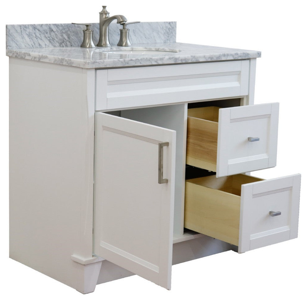 37" Single Sink Vanity, White Finish With White Carrara Marble