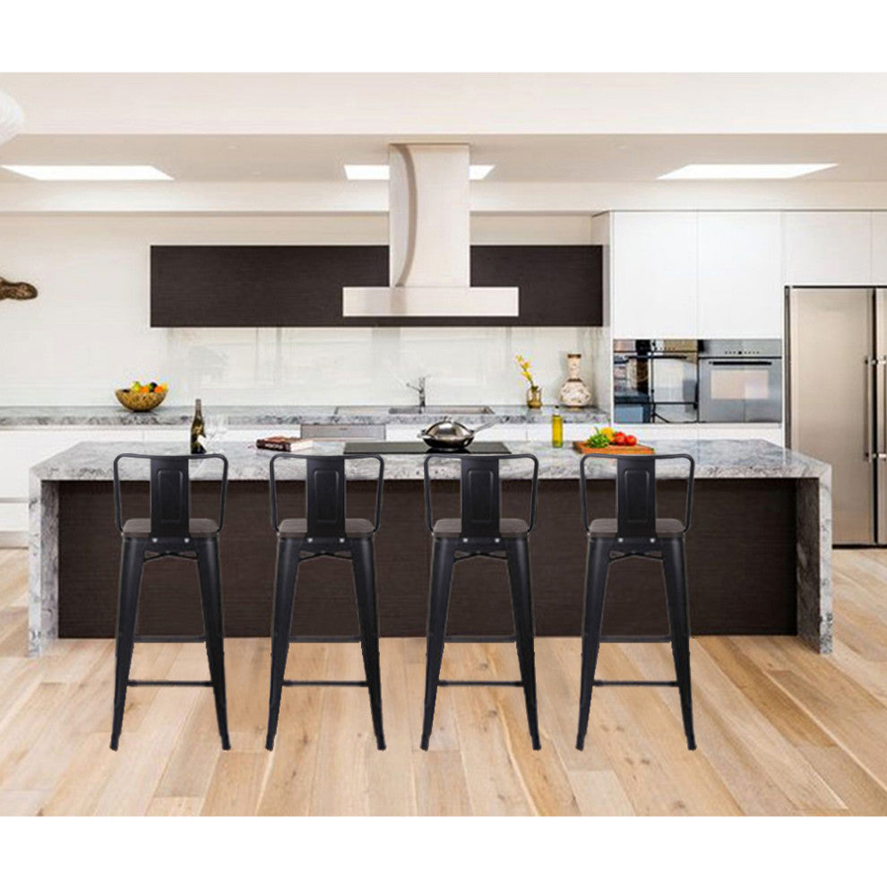 Black Middle Back Metal Barstools With Wooden Seat, Set of 4