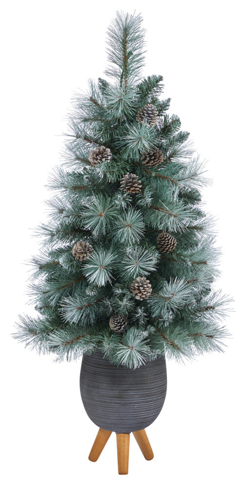 3.5' Frosted British Columbia Pine Faux Xmas Tree W/Lights, Pinecones