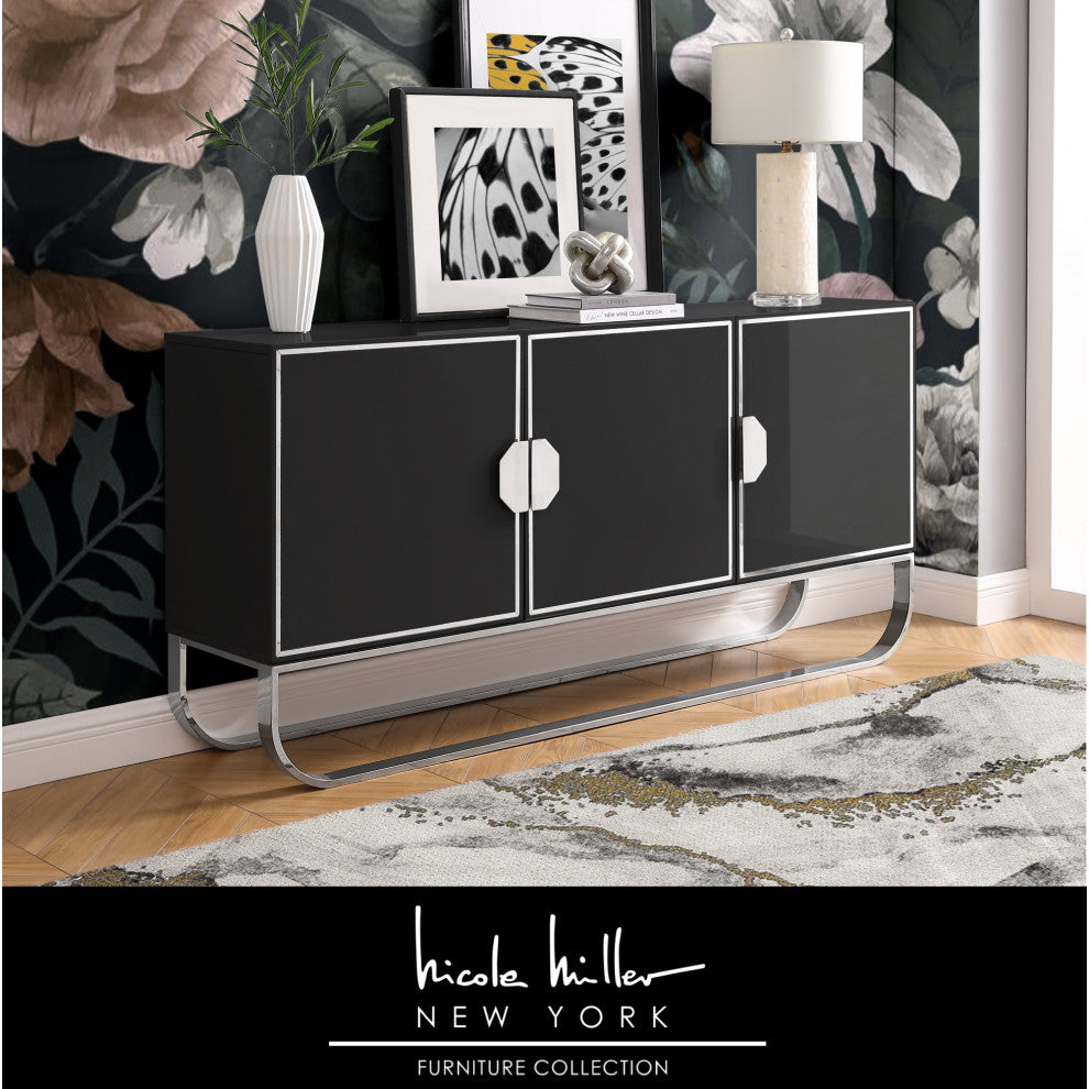 Nicole Miller Jacelynn Sideboard, Black/Chrome, 3-Door