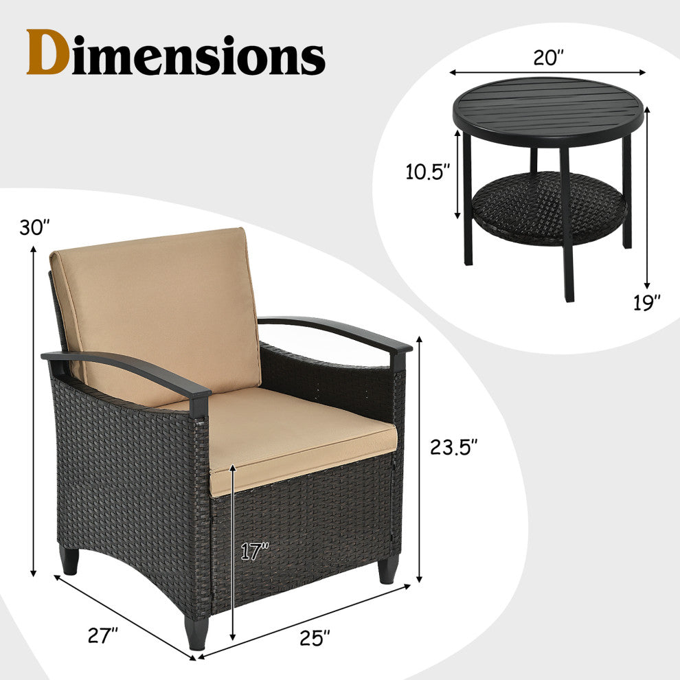 Costway 3PCS Patio Rattan Furniture Set Cushioned Sofa Storage Table W/ Shelf