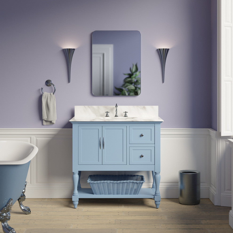 Beverly 36" Bathroom Vanity, Powder Blue, Carrara Marble
