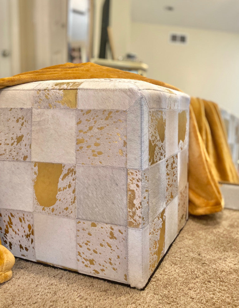 Decor Maisonette Gold Foil Hide Pouf Flynn, Ivory, 18"