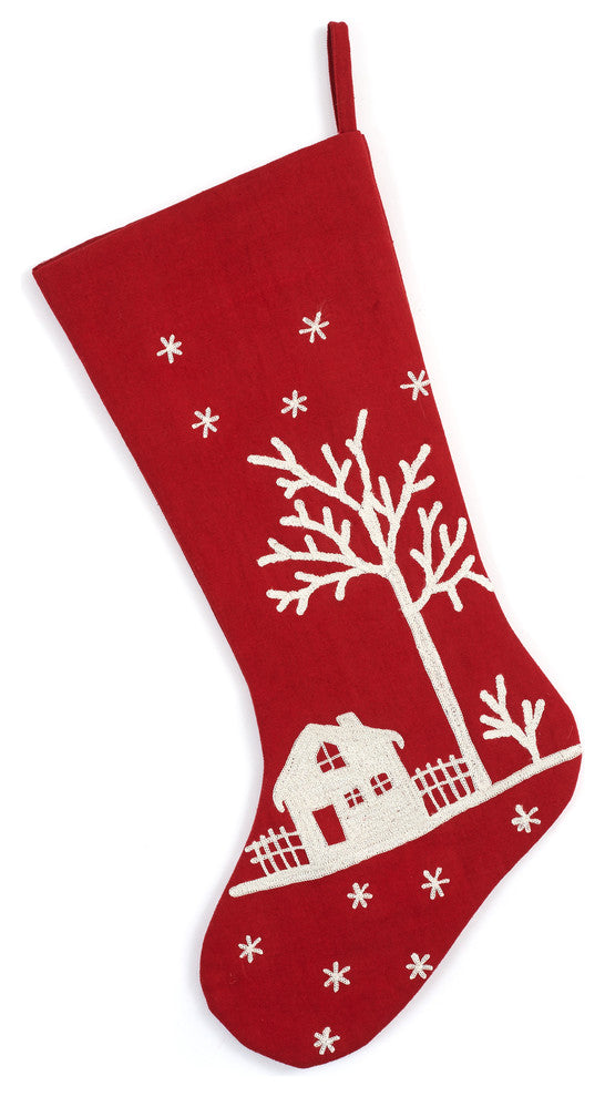 Handmade Red Snowy Village Scene Christmas Stocking with White Embroidery