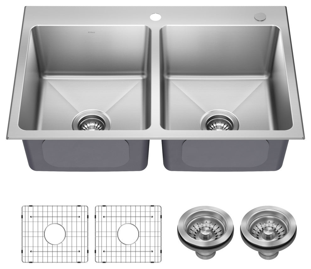 KRAUS Fairlane 33" Drop, / Top Mount 2-Bowl Stainless Steel Kitchen Sink