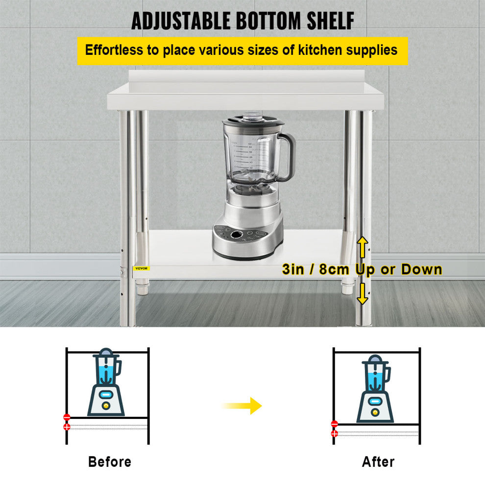 Stainless Steel Prep Table Heavy Duty Metal Worktable w/ Backsplash Undershelf, 36x24x35 Inch