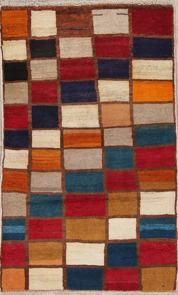 Consigned, Handmade Persian Geometric Gabbeh Oriental Wool Area Rug, 4'4"X2'8"