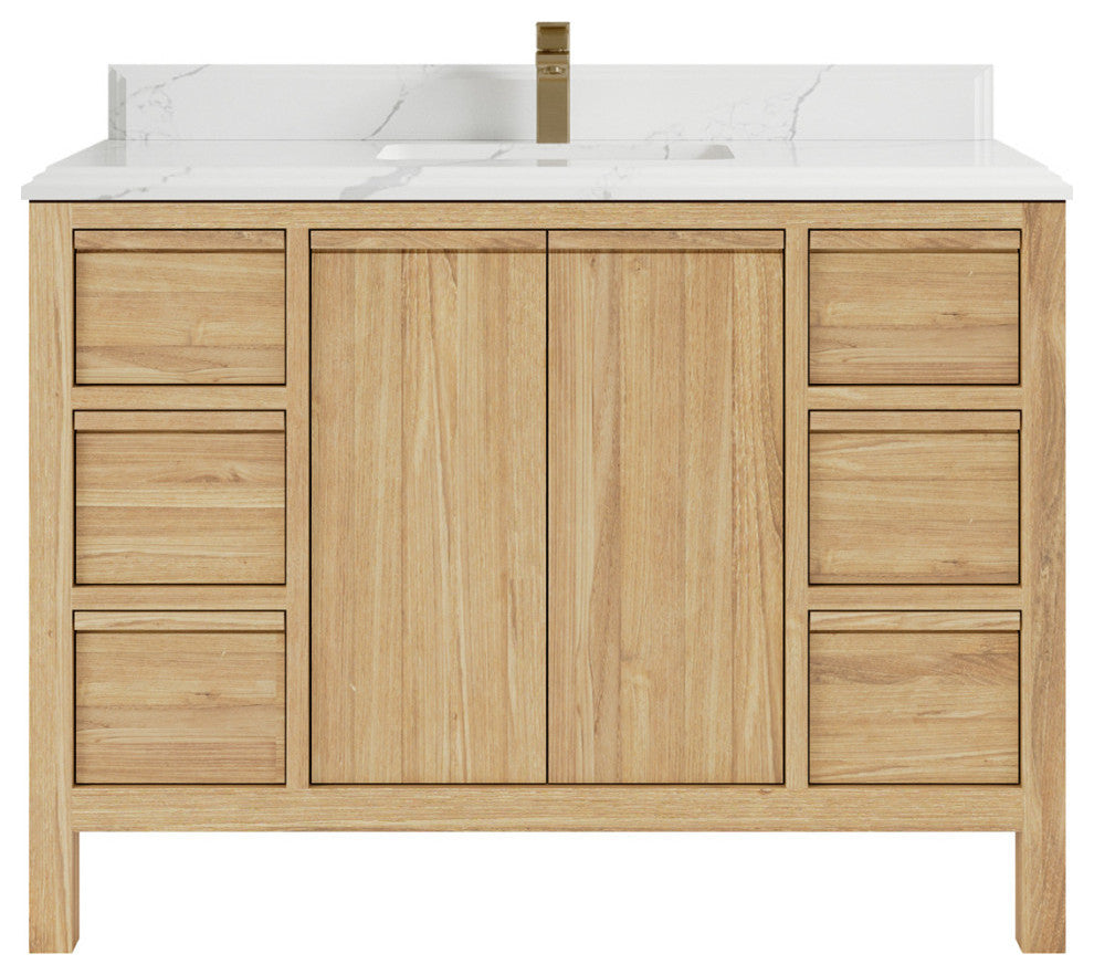 Elizabeth 48 Single Sink Bath Vanity in Light Natural Teak 1.5" Calacatta Laza