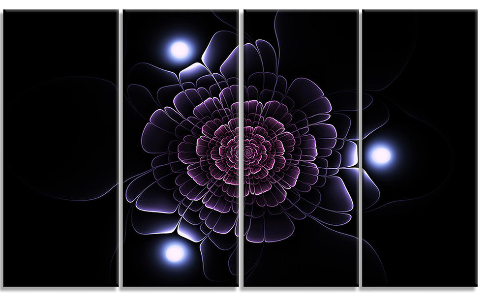 Purple Fractal Flower on Dark, Floral Canvas Art Print, 48"x28", 4 Panels