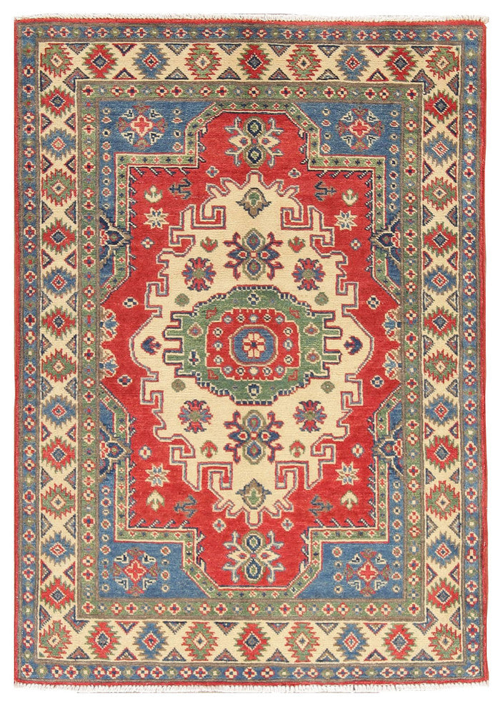 Hand-Knotted Wool Kazak Traditional Oriental Pakistani Area Rug, Red, 4'8"X3'4"