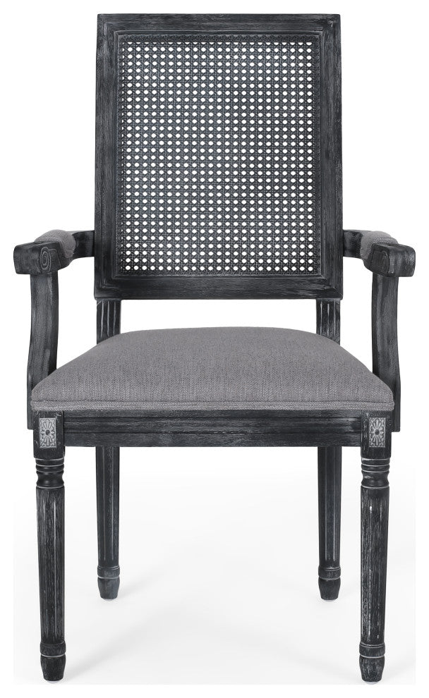 Marten Farmhouse Fabric Upholstered Wood and Cane 7 Piece Dining Set, Gray + Gray + Rustic Metal + Natural Stained