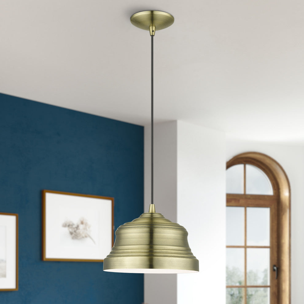 Endicott 1-Light Antique Brass Bell Pendant, Shiny White Inside
