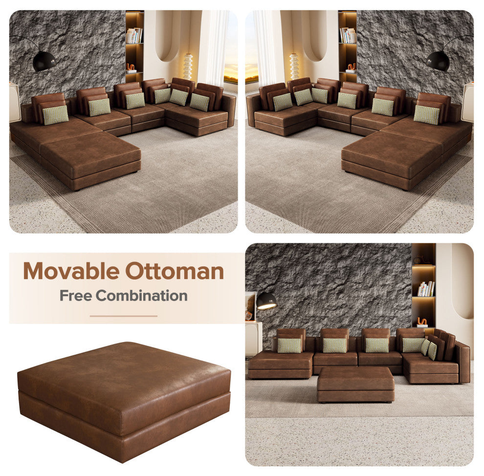 112.7" Modular Sectional Sofa with Chaise Lounge and Ottoman, Brown