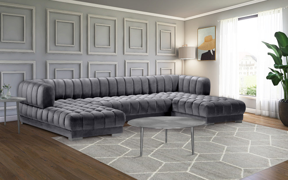 Gwen Biscuit Tufted Velvet Upholstered 3 Piece Sectional, Gray