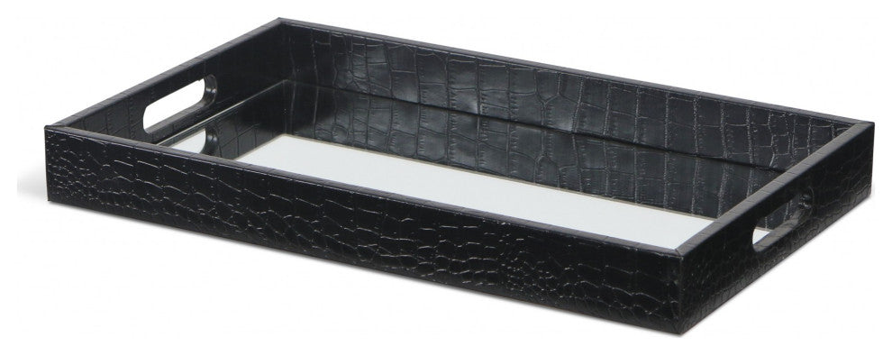 Black Faux Snakeskin Tray With Beveled Mirror