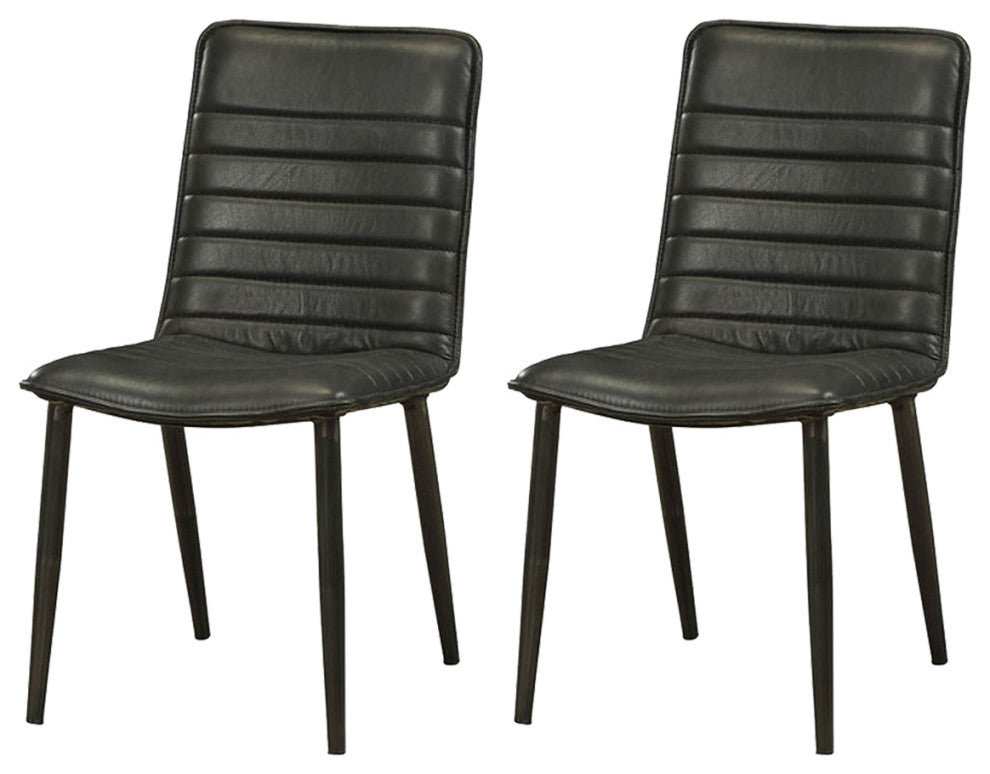 Set of 2 Top Grain Leather Side Chair, Antique Black Finish
