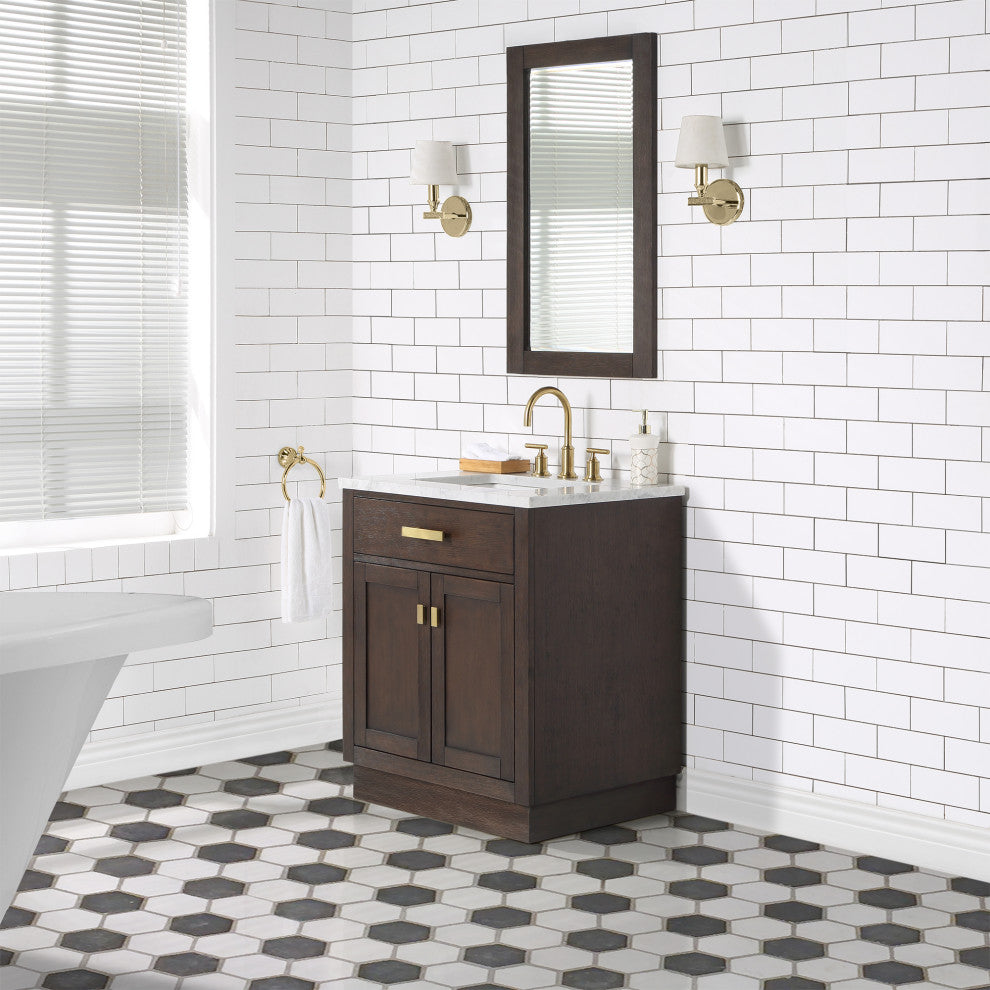 Chestnut 30" Bath Vanity, Brown Oak, Mirror, Satin Gold Hardware