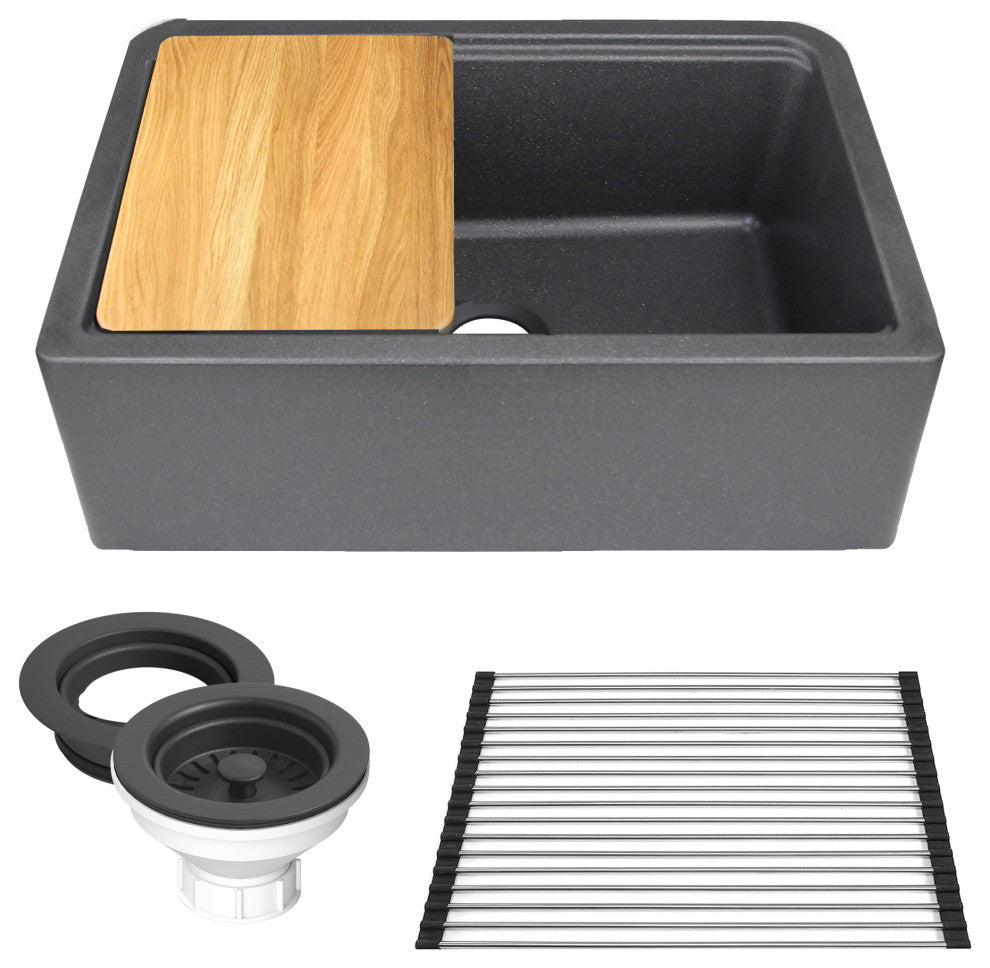 30" Reversible Workstation Granite Composite Apron Sink With Accessories, Black