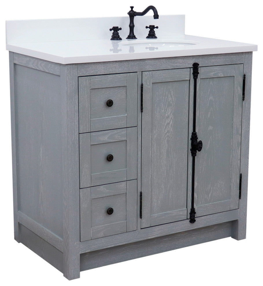 37" Vanity, Gray Ash With Engineered Stone Top, Right Doors/Right Oval Sink