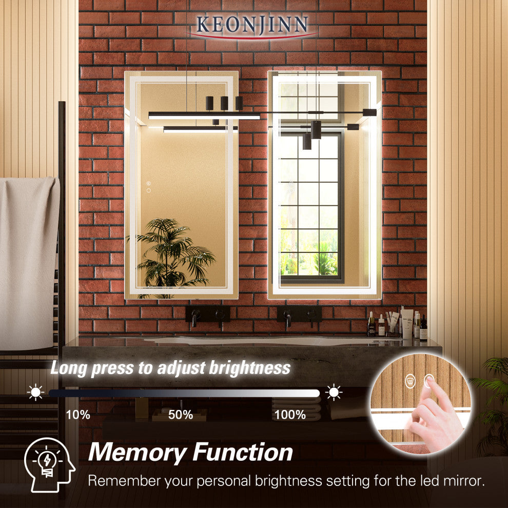3-Colors LED Bathroom Mirror, Anti-Fog Memory Dimmable, Sliver, 48"x24"