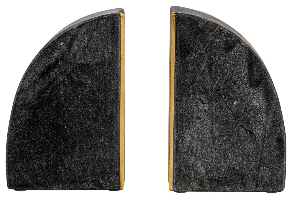 Boho Arched Semicircle Marble Bookends with Brass Detail, Set of 2, Black