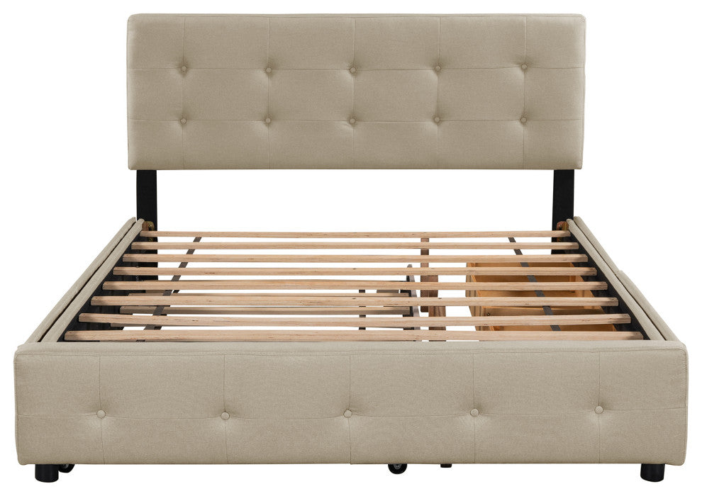 Queen Wood Frame Platform Bed with Drawers and Twin XL Trundle, Beige, Queen