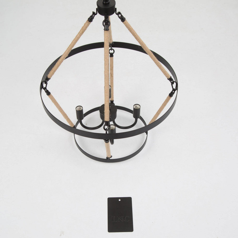 4-Lights Hemp Rope Tiered and Matte Black Modern/Farmhouse LED Chandelier