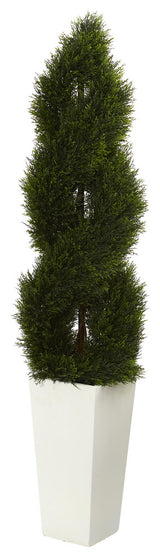 5.5' Double Pond Cypress Spiral Topiary Artificial Tree, White Tower Planter