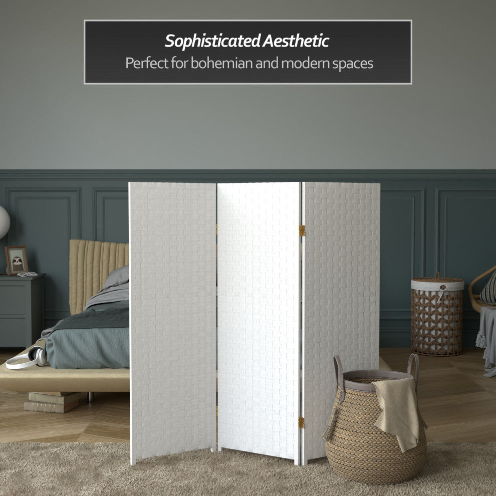 4' Tall Woven Fiber Room Divider, White, 3 Panel