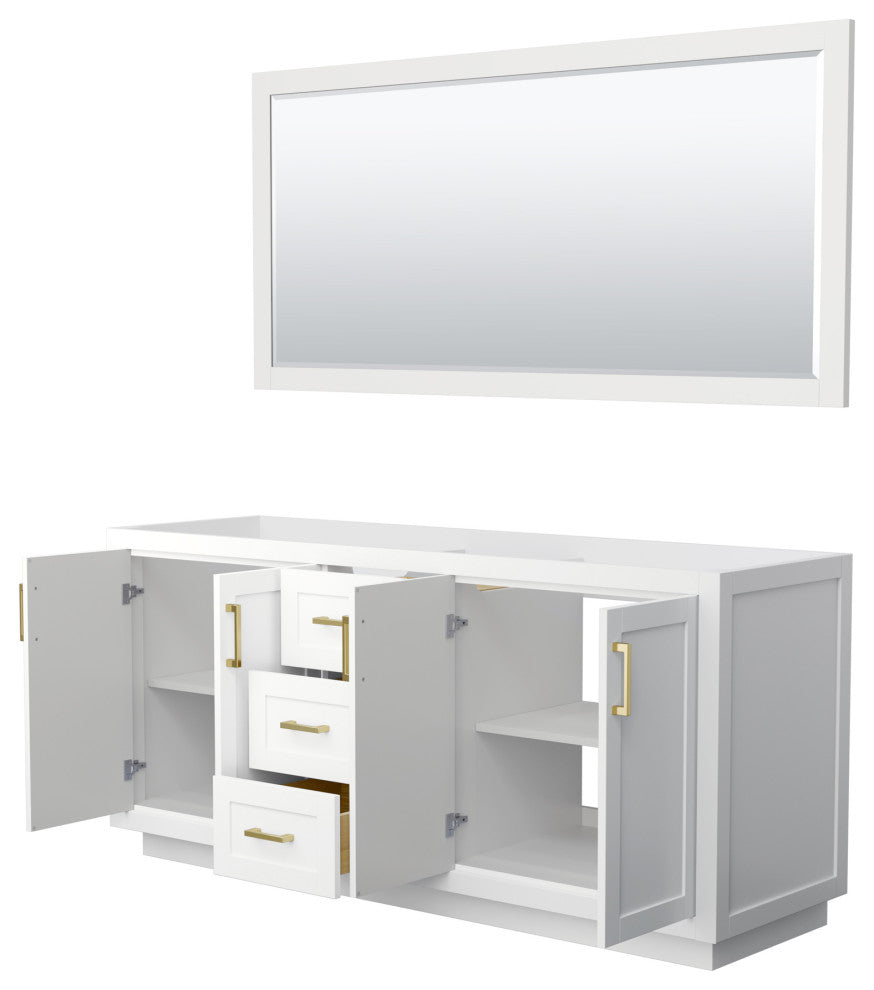 72" Double Bath Vanity, White, No Countertop, Gold Trim, 70" Mirror