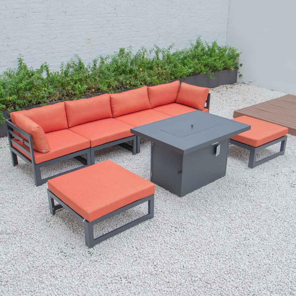 LeisureMod Chelsea 7-Piece Outdoor Sectional With Fire Pit Table, Orange