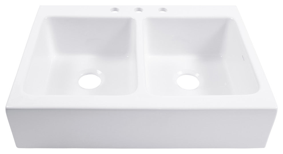 Parker White Fireclay 34"³ Double Bowl Quick-Fit Farmhouse Drop-in Kitchen Sink