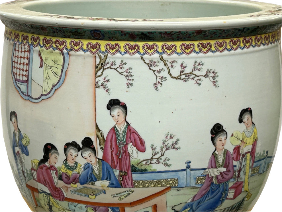 Vintage Chinese Handpainted People Scenery Porcelain Round Pot Vase