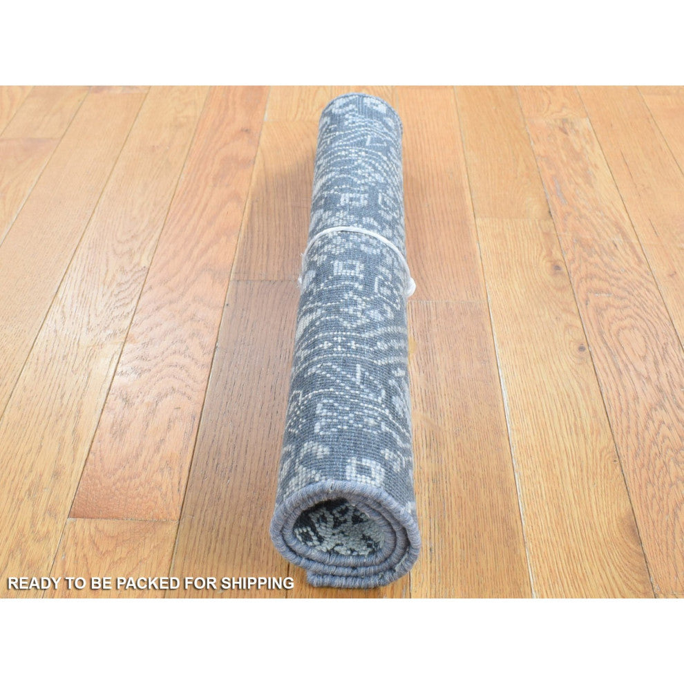 Charcoal Gray Silk Textured Wool Tone on Tone Design Hand Knotted Rug, 2'1"x2'1"